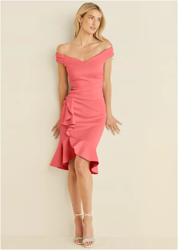 Ruffle Detail Dress - Coral sold by VENUS