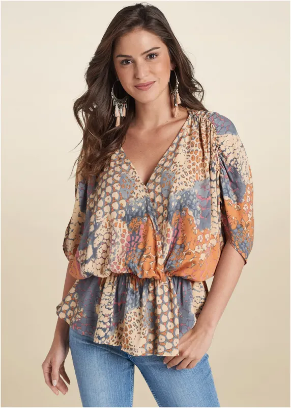 Printed Faux-Wrap Top - Orange Multi sold by VENUS