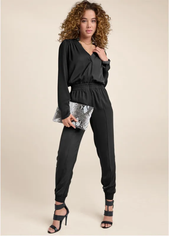 Smocked Jogger Jumpsuit - Black sold by VENUS