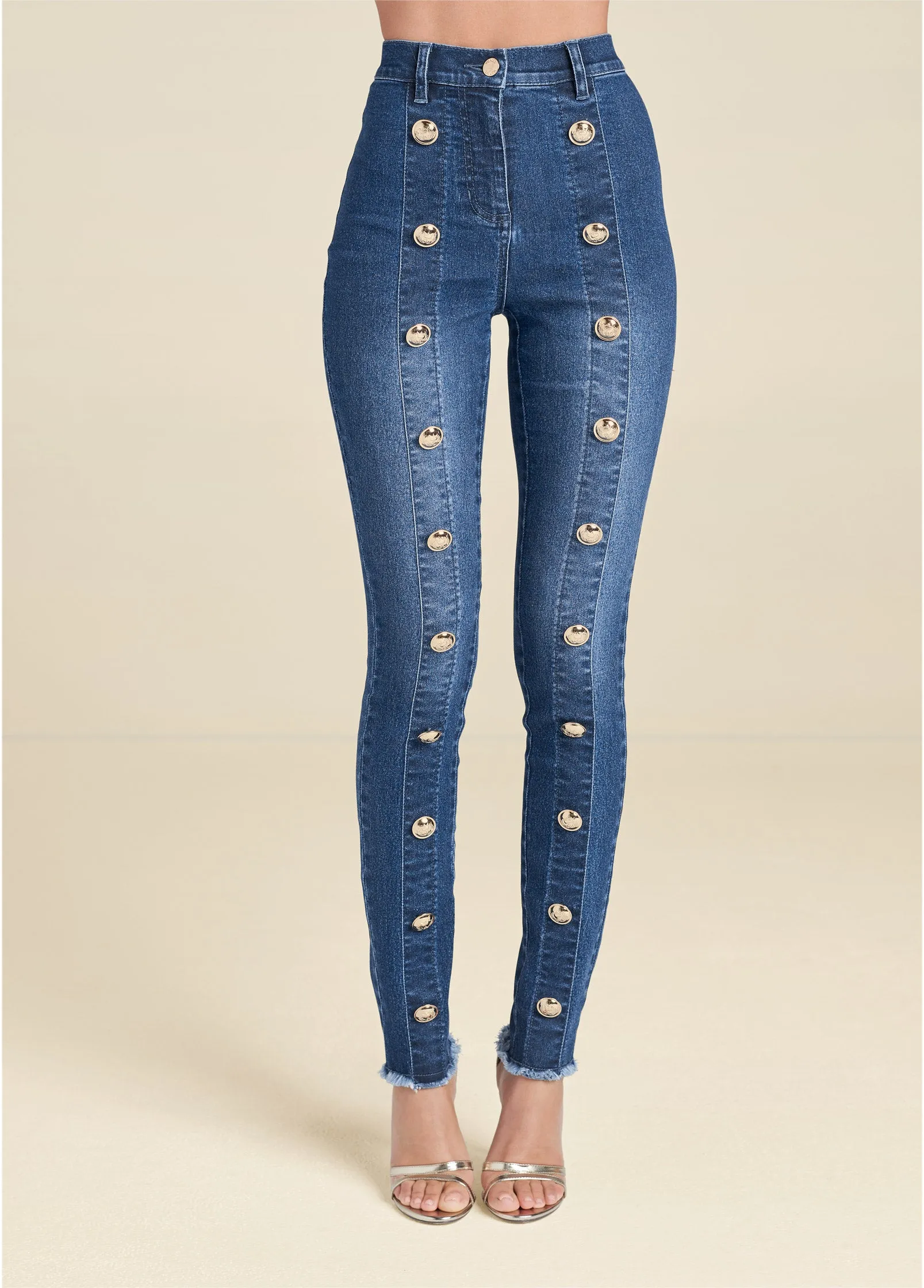 High Rise Button Detail Skinny Jeans - Medium Wash sold by VENUS