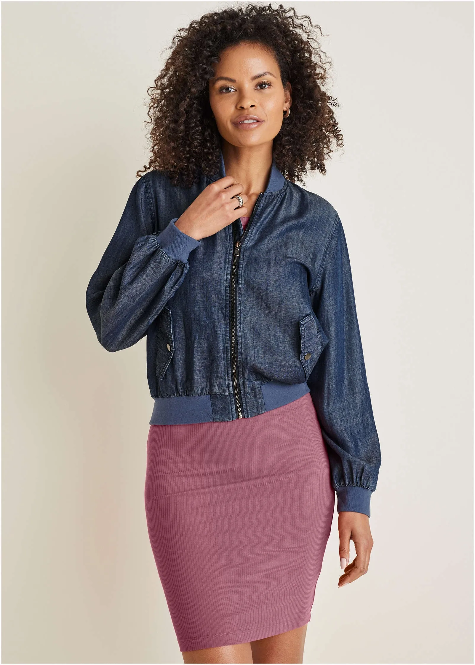 Chambray Bomber Jacket - Dark Wash sold by VENUS