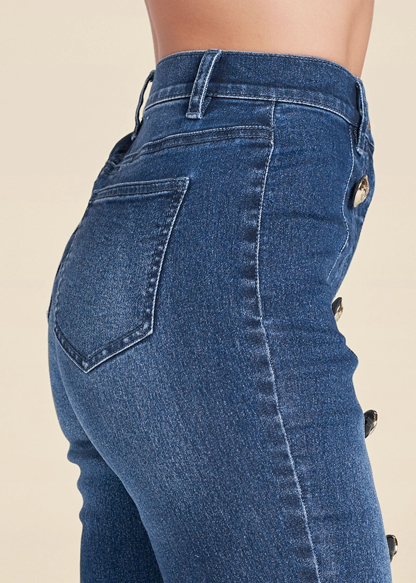 High Rise Button Detail Skinny Jeans - Medium Wash sold by VENUS product image thumbnail 5