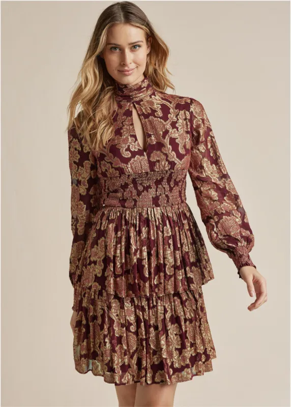 Smocked Waist Jaquard Mini Dress - Wine & Gold sold by VENUS