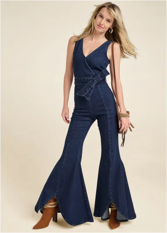 Flare Denim Jumpsuit - Dark Wash sold by VENUS