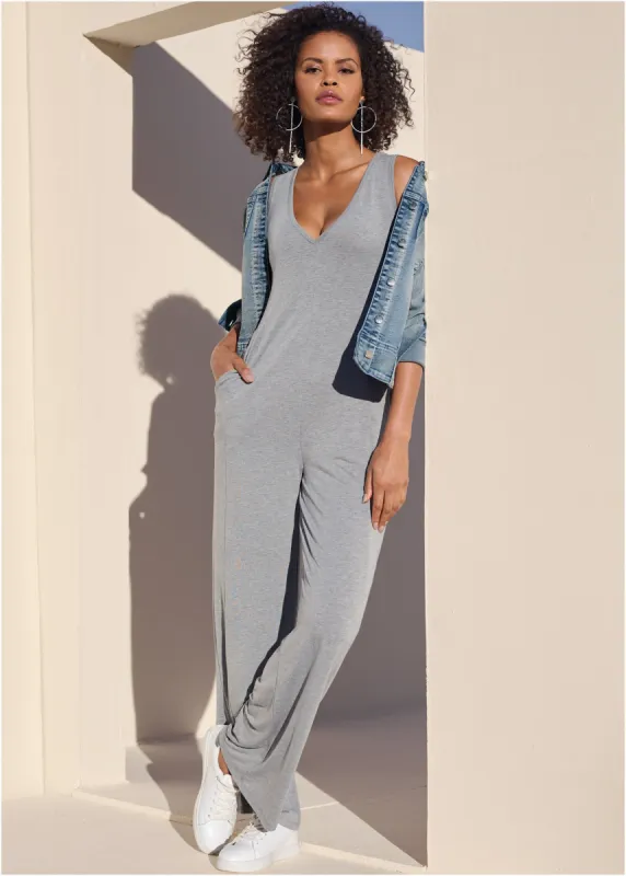 Relaxed V-Neck Jumpsuit - Heather Grey sold by VENUS