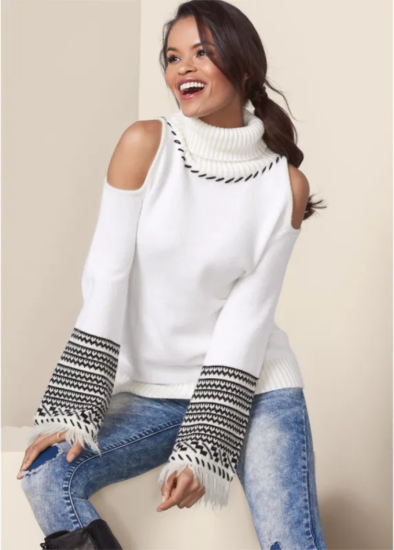 Cold-Shoulder Turtleneck Sweater - White & Black sold by VENUS
