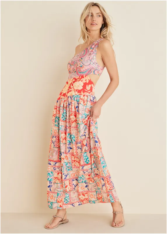 Linen Cutout Maxi Dress - Triple Venetian Print sold by VENUS