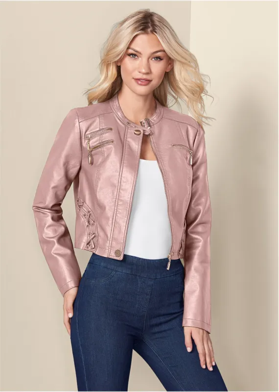 Faux-Leather Lace-Up Jacket - Rose Gold sold by VENUS