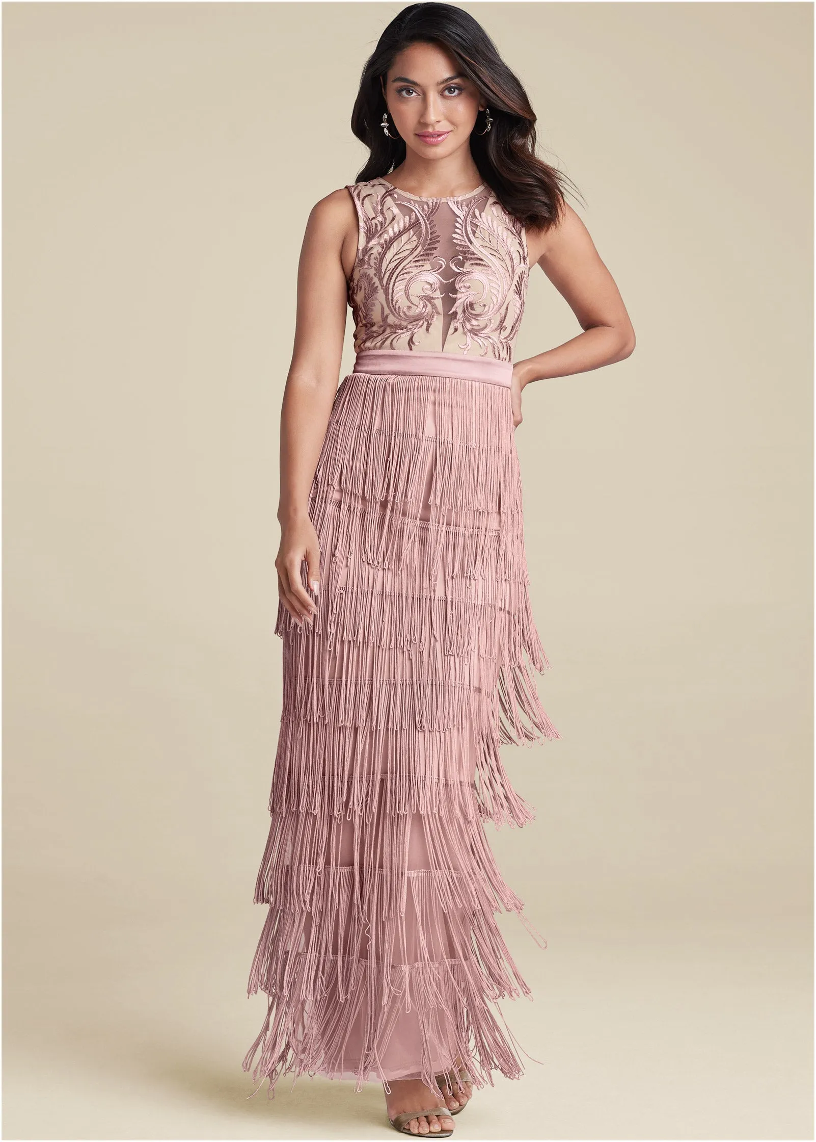 Embroidered Fringe Long Dress - Tan sold by VENUS