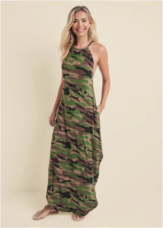 Tie Neck Maxi Dress - Olive Multi sold by VENUS