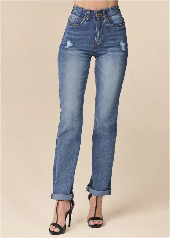 Elastic Waistband Cuffed Jeans  - Medium Wash sold by VENUS