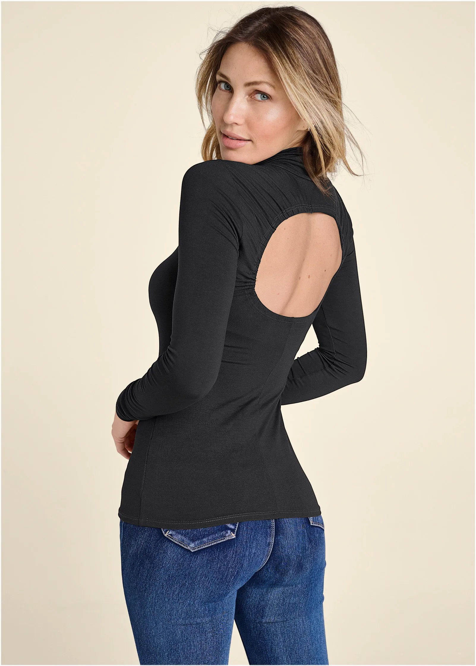 Back Cut-Out Casual Top - Black sold by VENUS