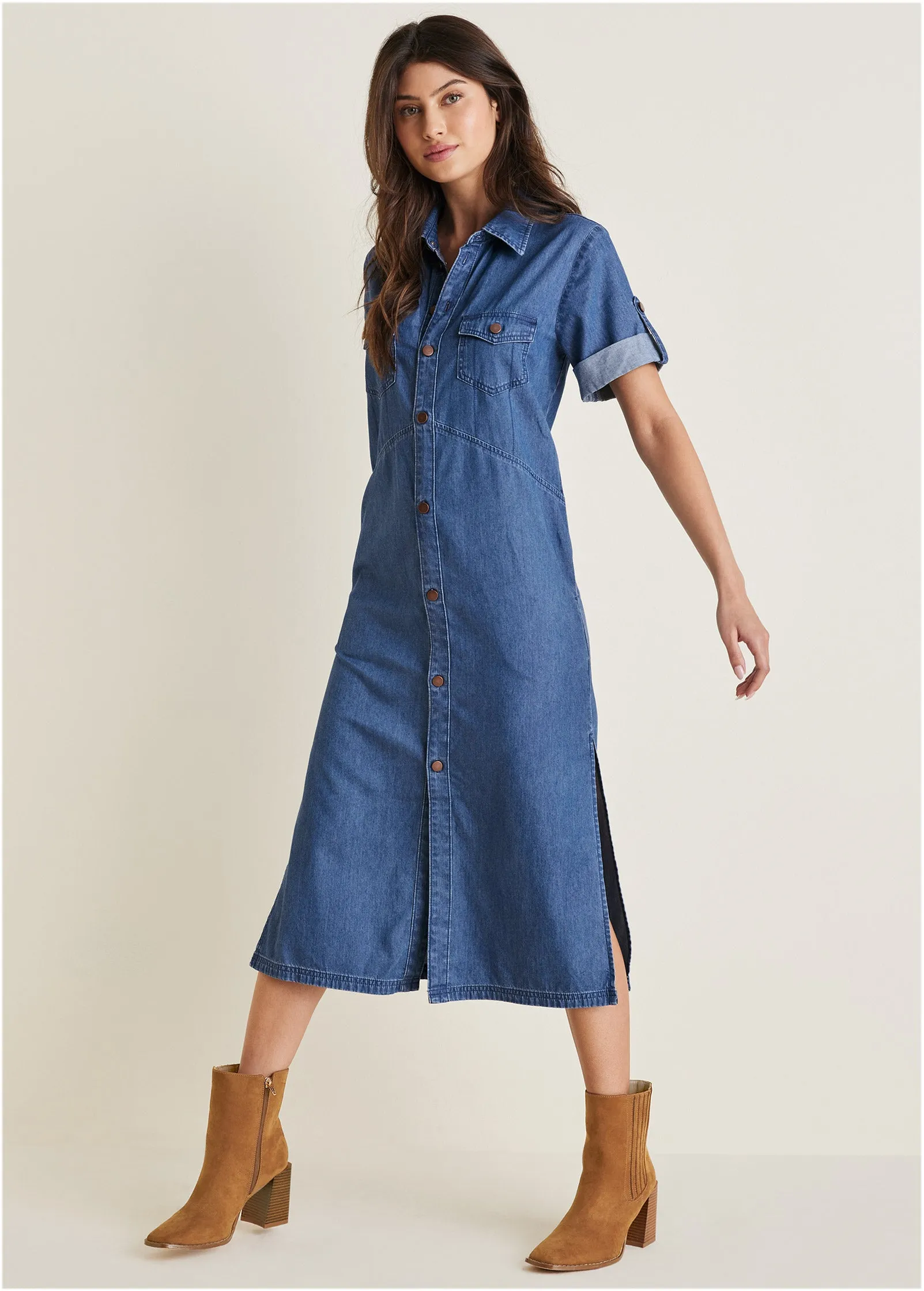 Denim Midi Shirt Dress - Medium Wash sold by VENUS