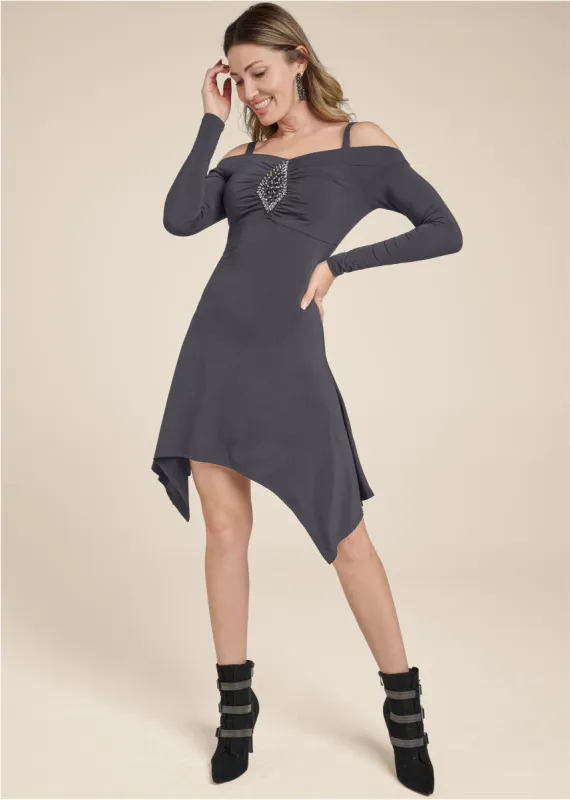 Hanky-Hem Embellished Dress - Dark Grey sold by VENUS