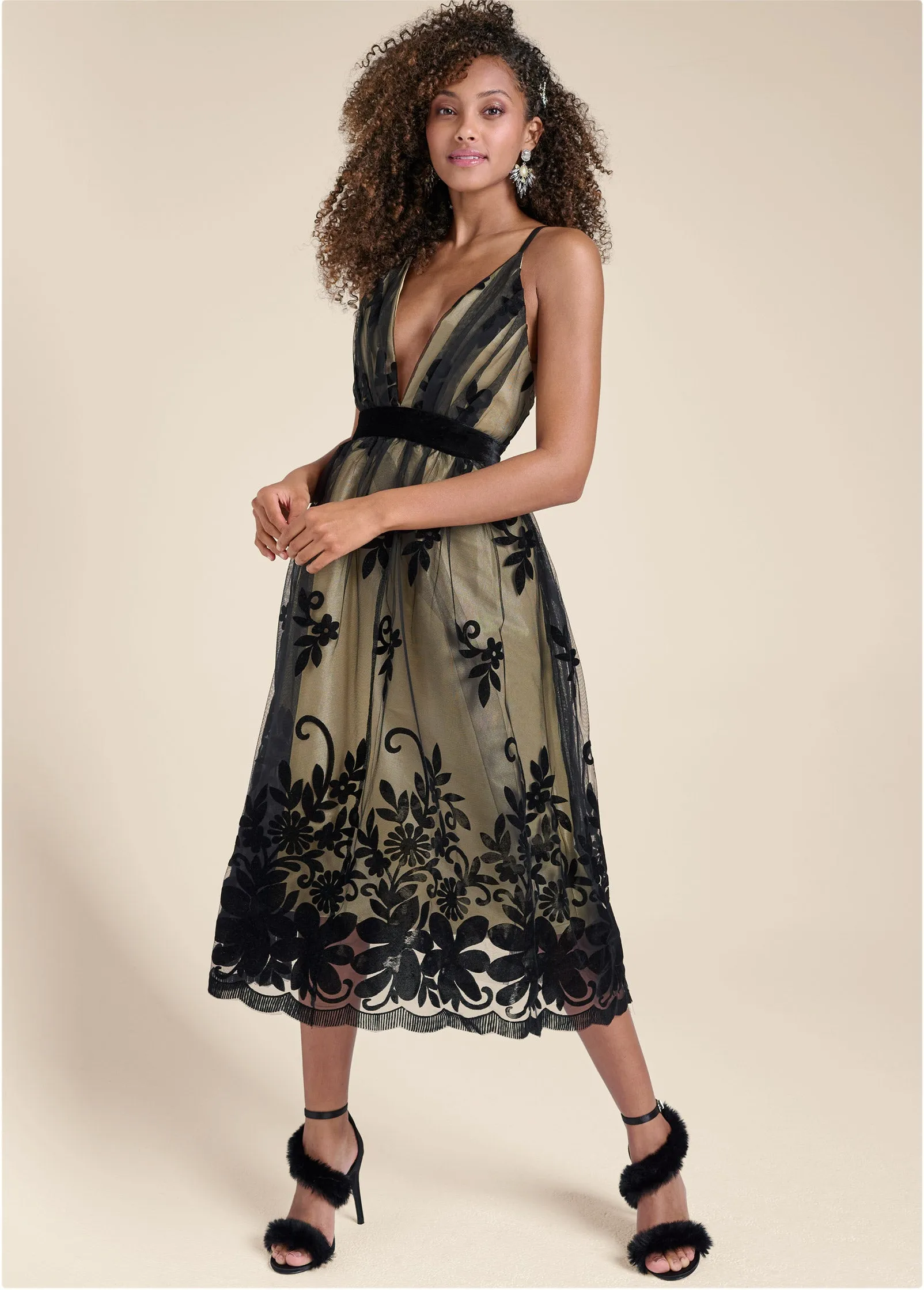 Velvet Floral Midi Dress - Black & Nude sold by VENUS