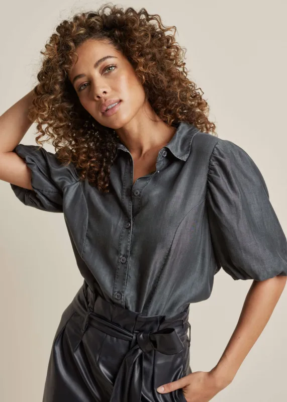 Puff Sleeve Button Down Top - Dark Grey sold by VENUS