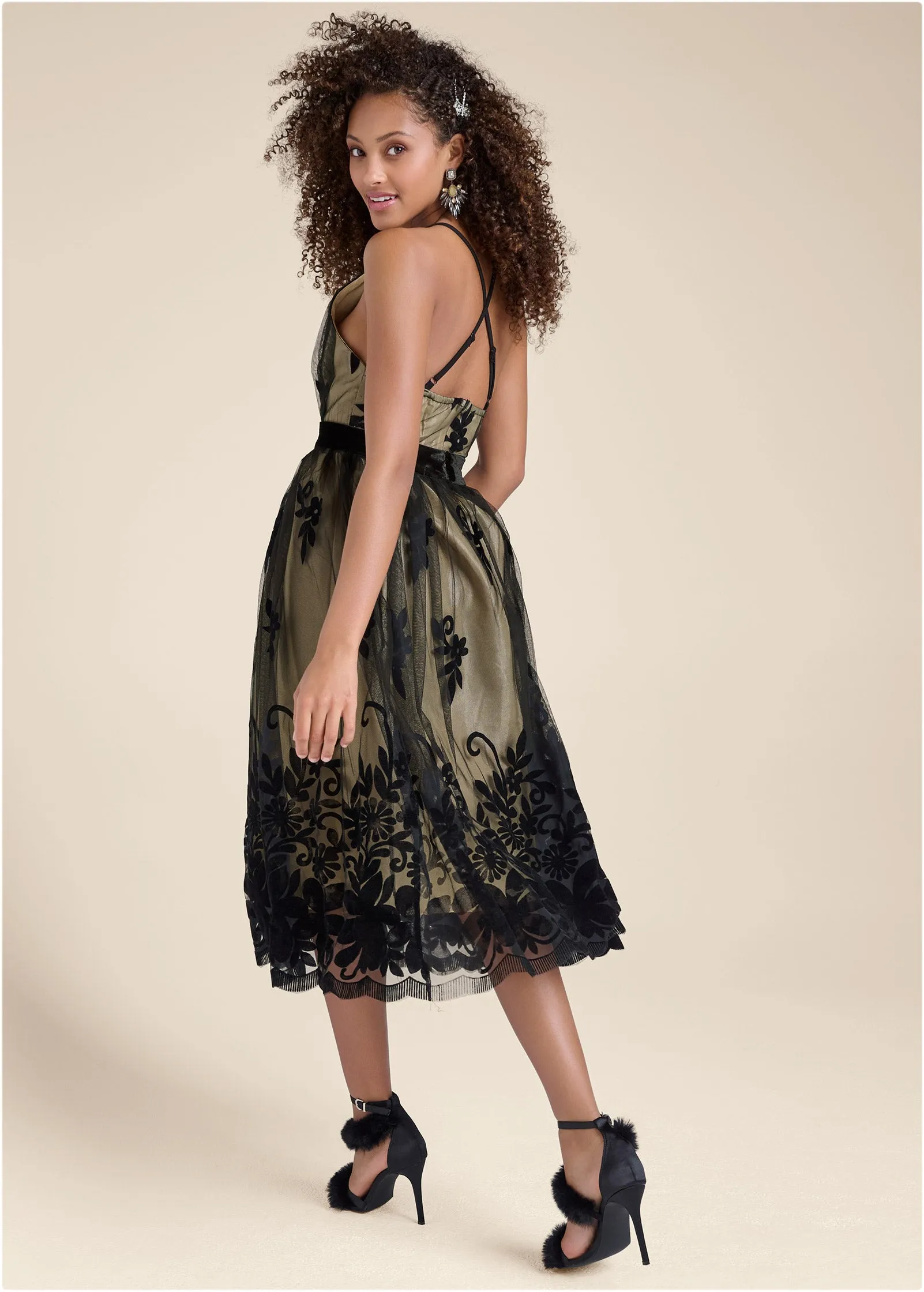 Velvet Floral Midi Dress - Black & Nude sold by VENUS product image thumbnail 2