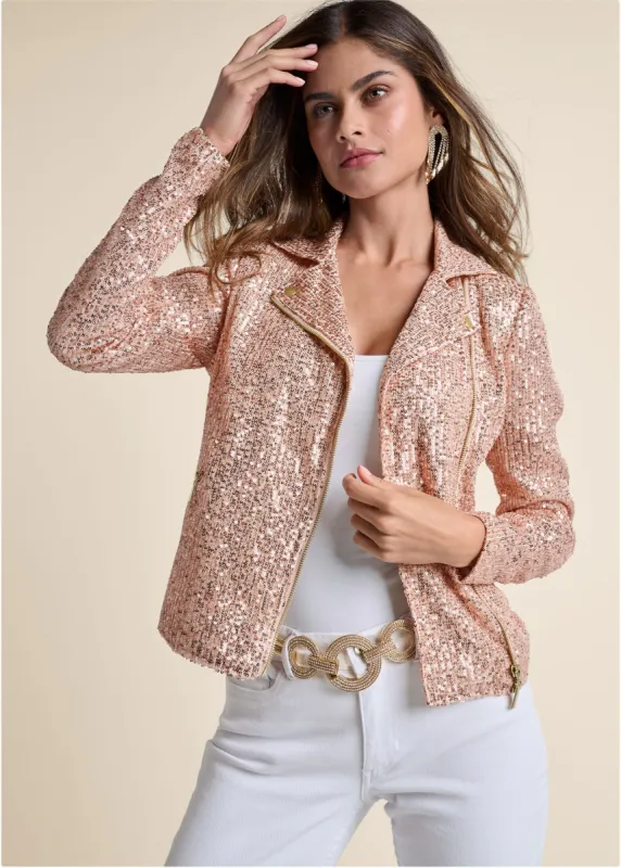 Sequin Moto Jacket - Rose Gold sold by VENUS