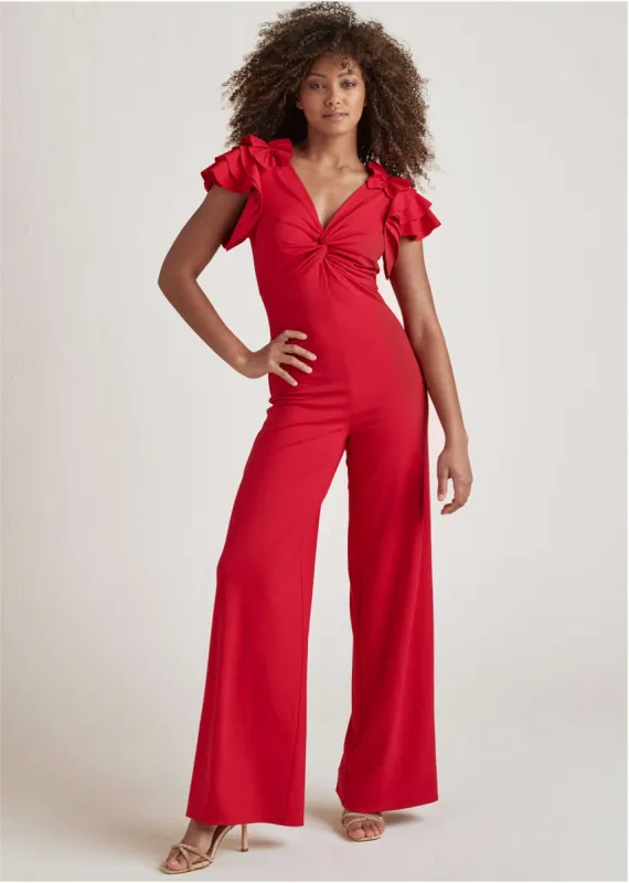 Ruffle Sleeve Jumpsuit - Red sold by VENUS