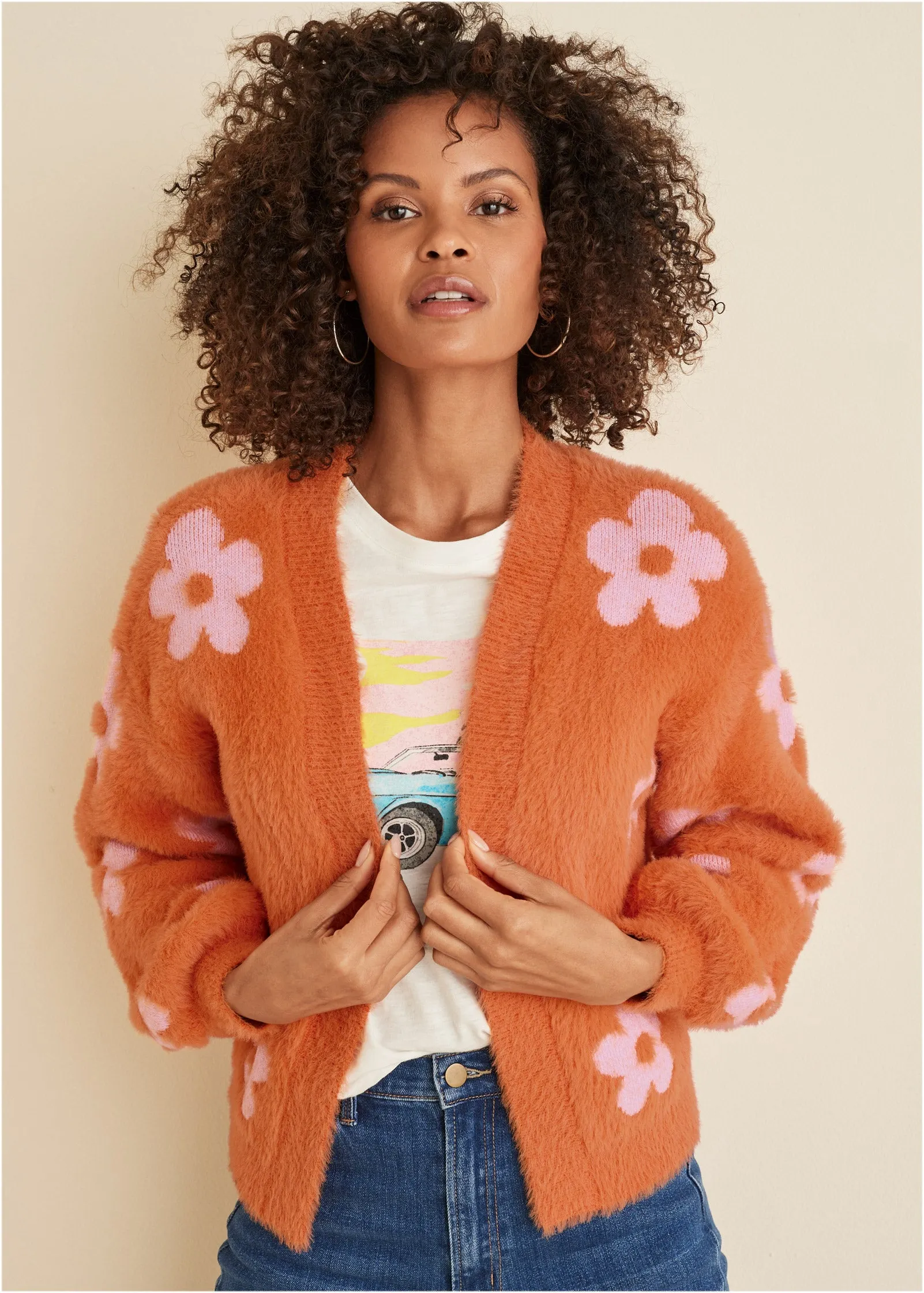 Daisy Eyelash Cardigan - Neon Orange sold by VENUS