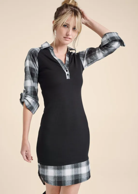 Plaid Detail Henley Dress - Black & White sold by VENUS