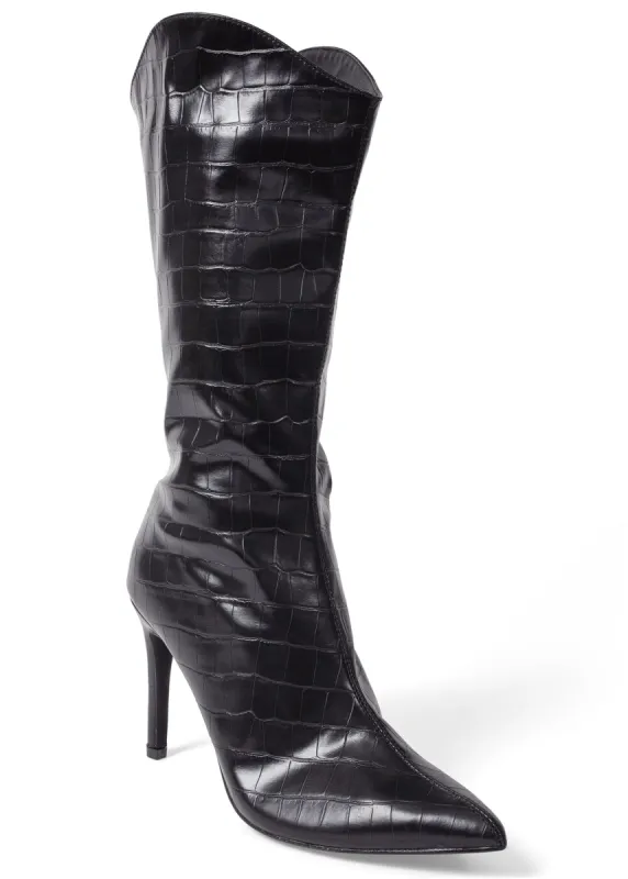 Croc Embossed Faux Leather Boots  - Black sold by VENUS