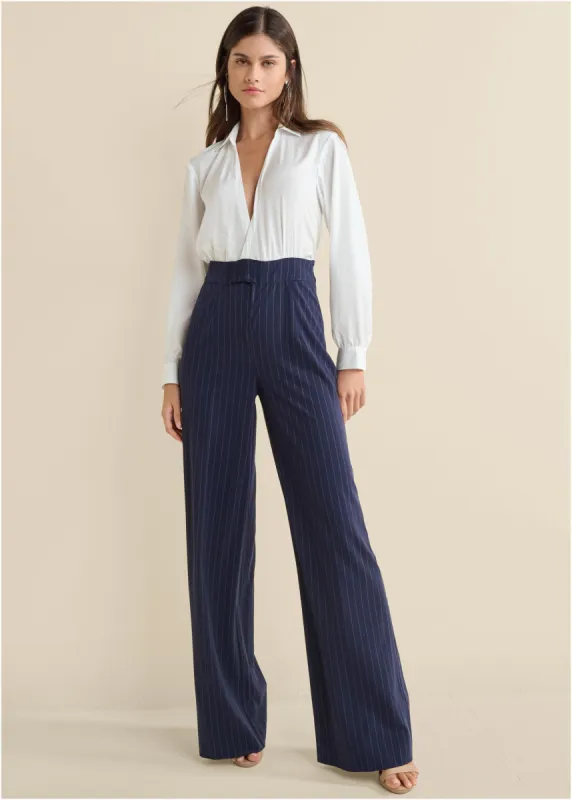 Pinstripe Wide Leg Jumpsuit - Navy & White sold by VENUS