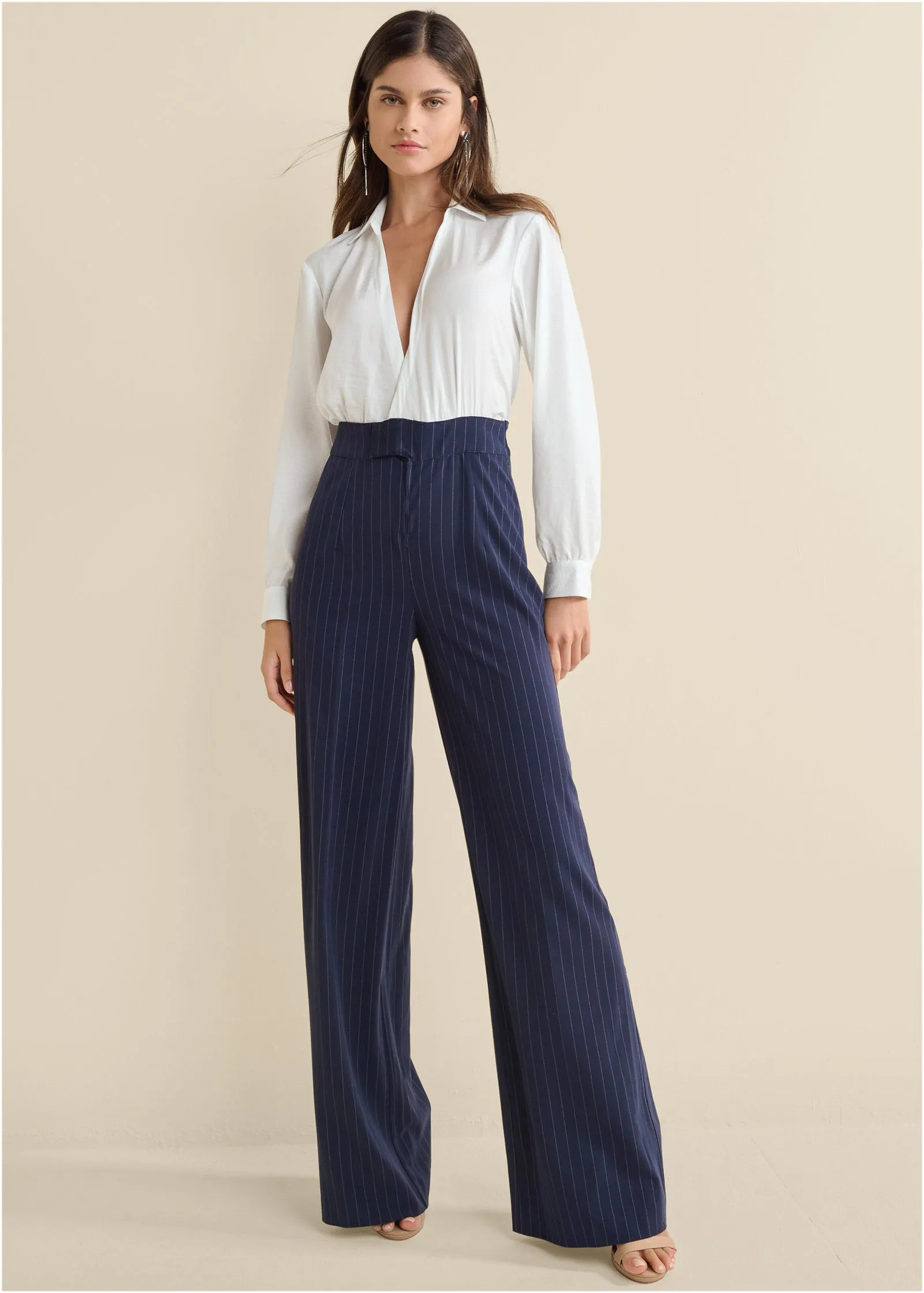 Pinstripe Wide Leg Jumpsuit - Navy & White sold by VENUS