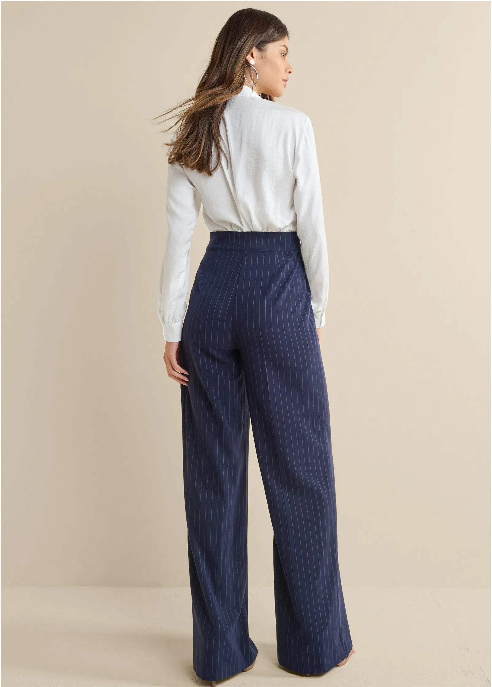 Pinstripe Wide Leg Jumpsuit - Navy & White sold by VENUS product image thumbnail 2