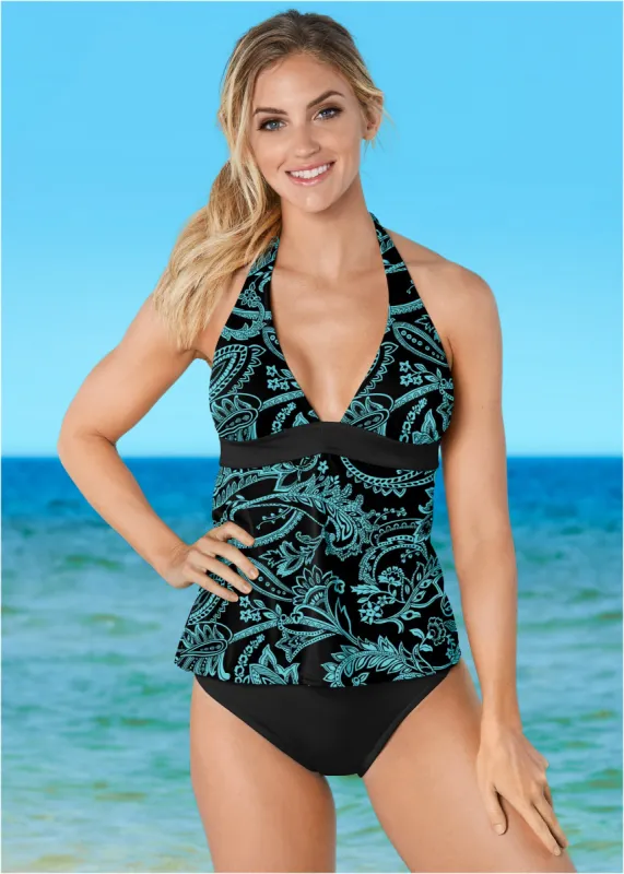 Halter Tankini - Mint & Black Paisley sold by VENUS