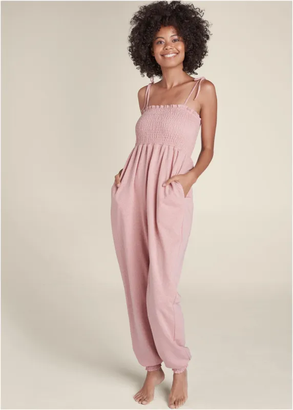 Smocked Lounge Jumpsuit - Heathered Pink sold by VENUS