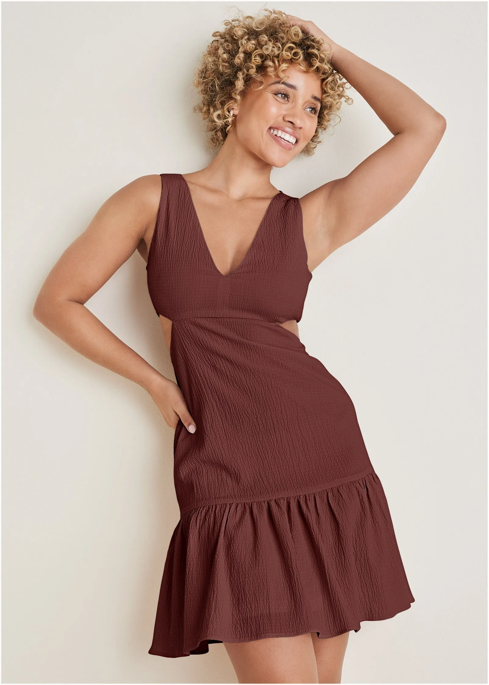 Fluted Satin Mini Dress - Auburn sold by VENUS