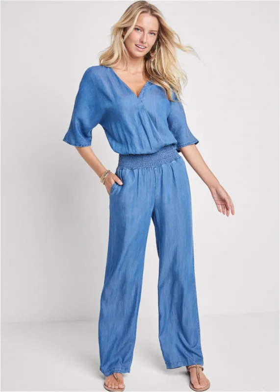 Chambray Jumpsuit - Light Wash sold by VENUS