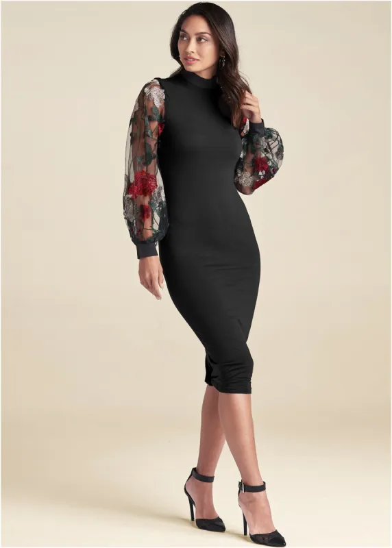 Embroidered Floral Puff Sleeve Dress  - Black Multi sold by VENUS
