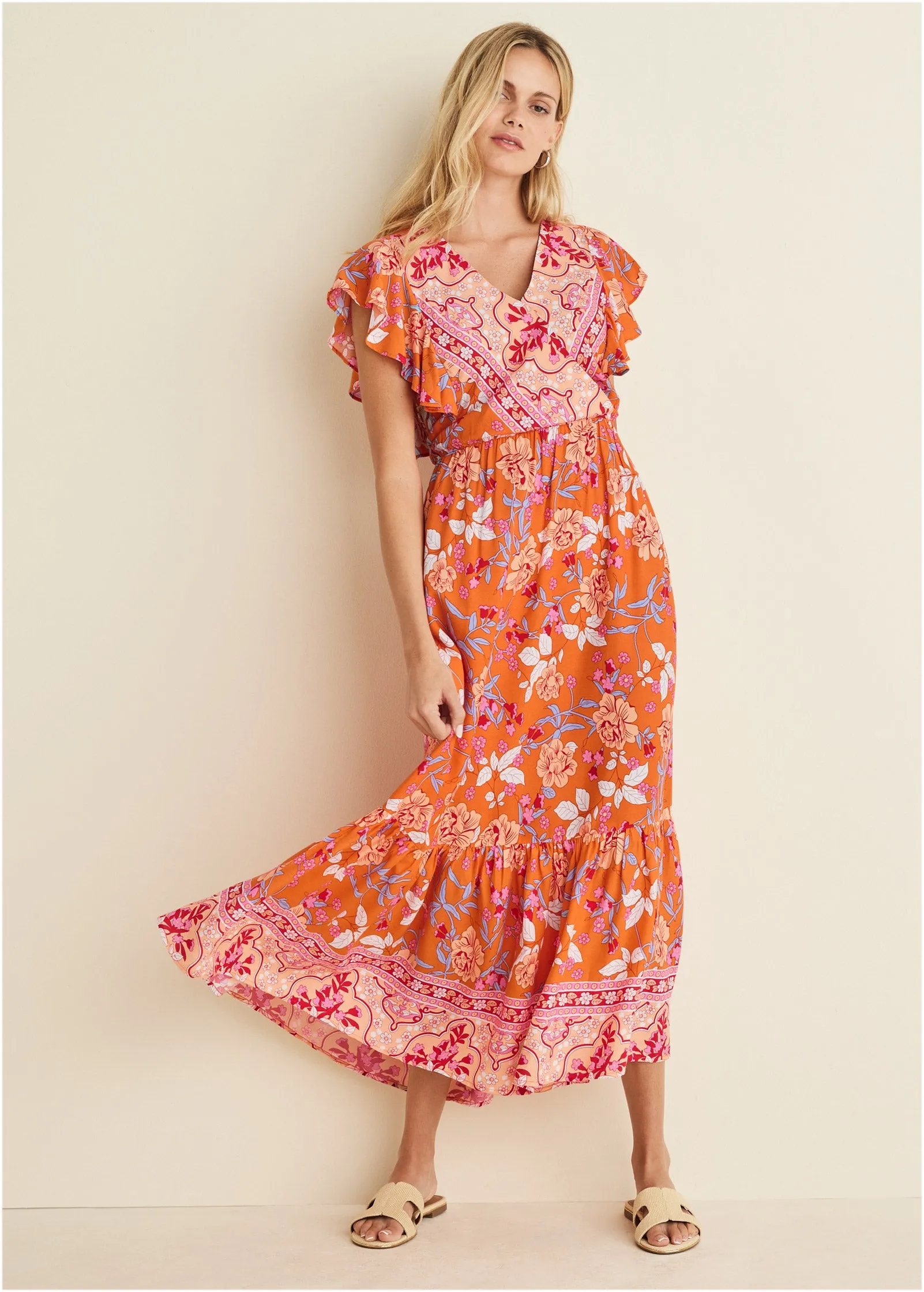 Flutter Sleeve Midi Dress - Orange Multi sold by VENUS