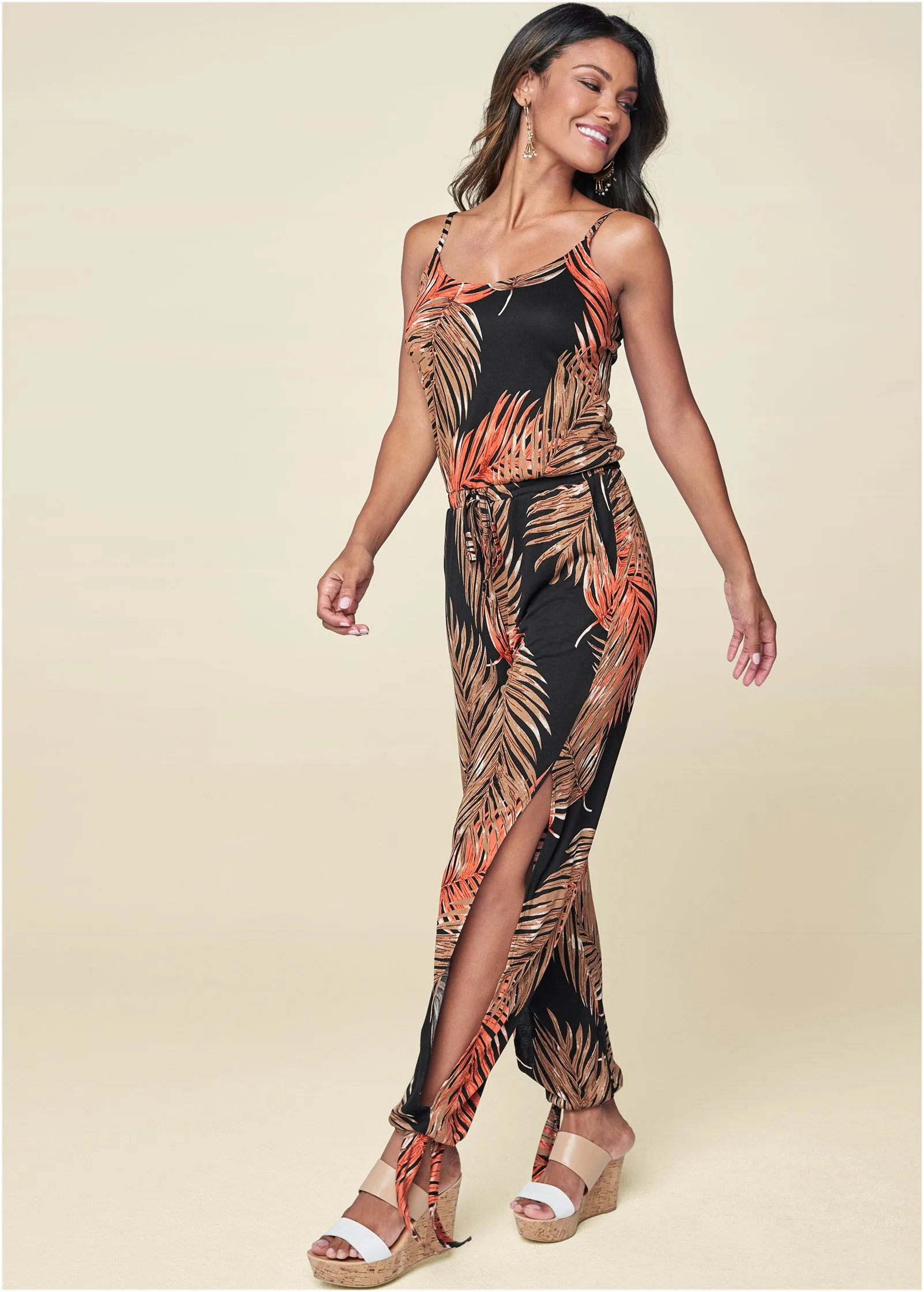 Slit Detail Jumpsuit - Black Multi sold by VENUS