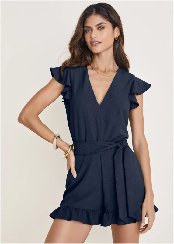 Fluted Satin Romper - Navy sold by VENUS