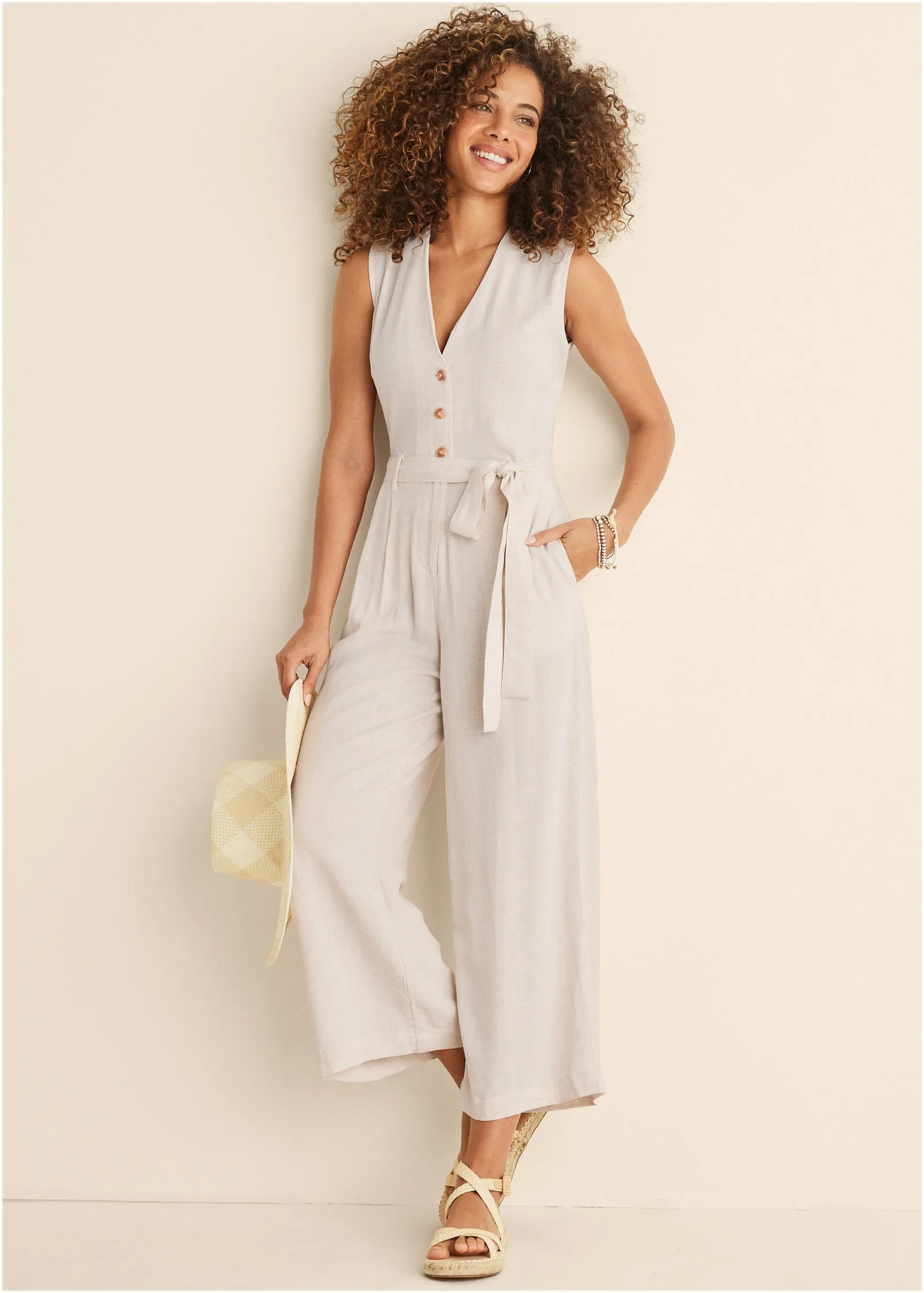 Button Front Linen Jumpsuit - Beige sold by VENUS