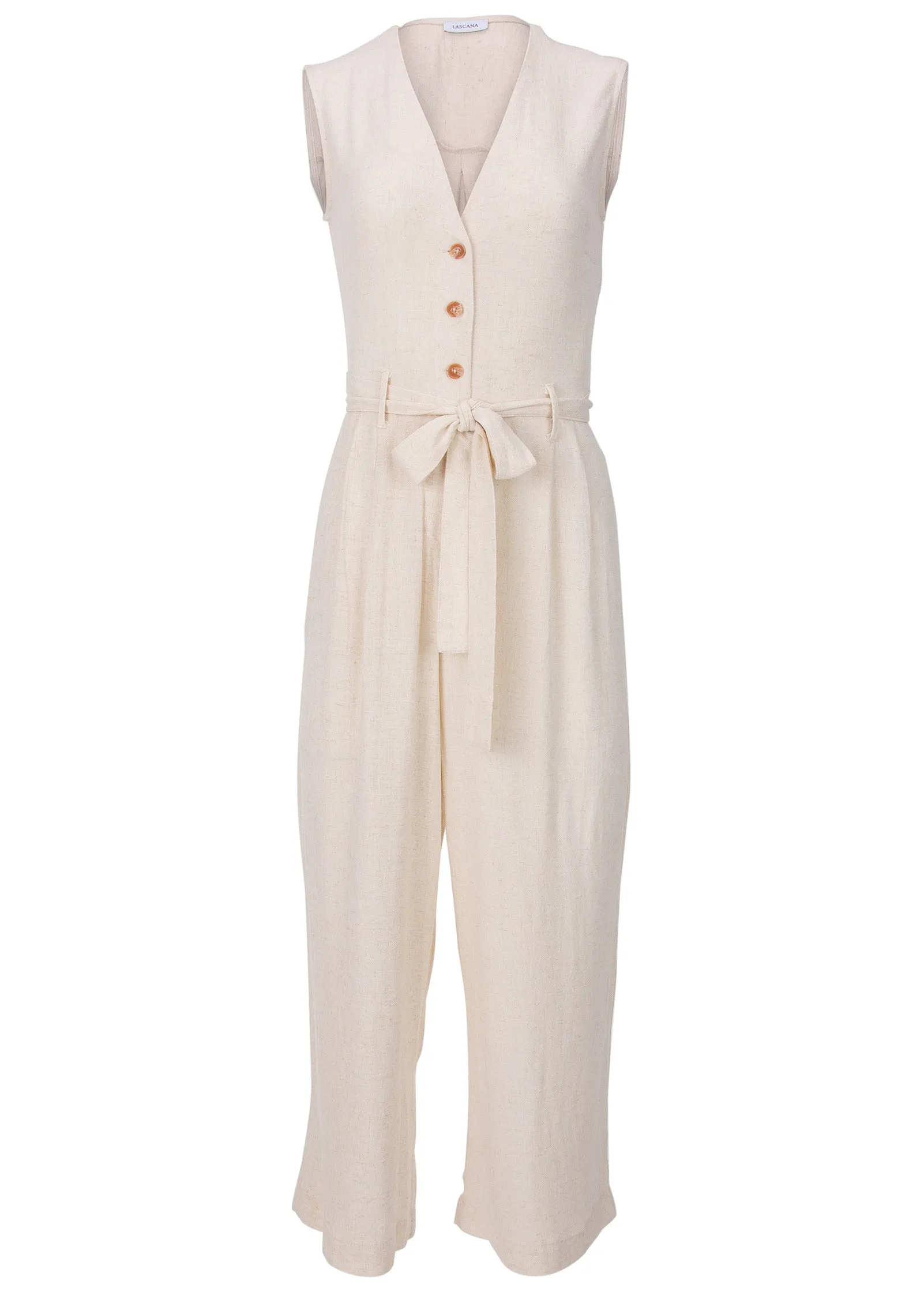 Button Front Linen Jumpsuit - Beige sold by VENUS product image thumbnail 4