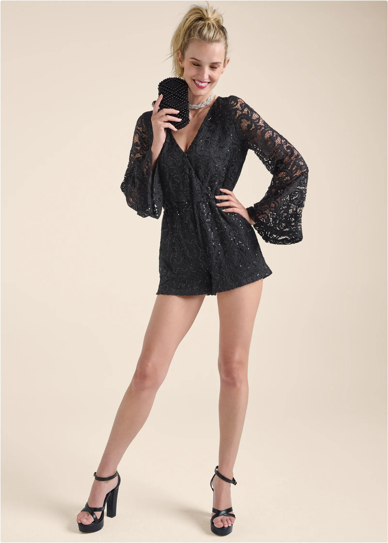 Sequin Lace Open-Back Romper - Black sold by VENUS product image thumbnail 2