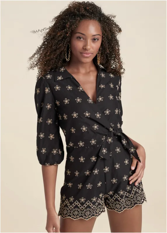 Eyelet Wrap Tie Romper - Black & Taupe sold by VENUS
