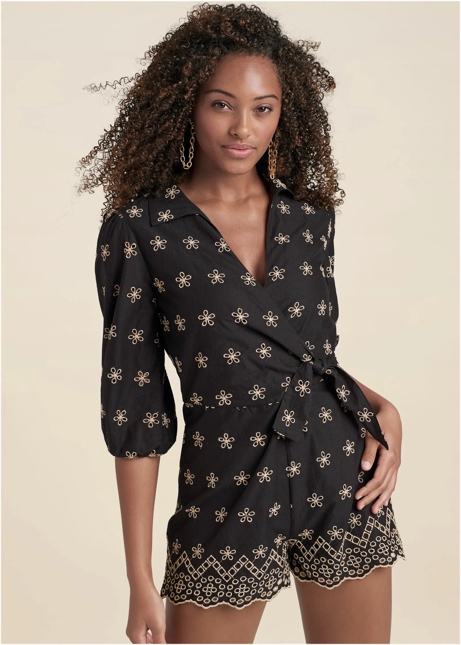 Eyelet Wrap Tie Romper - Black & Taupe sold by VENUS