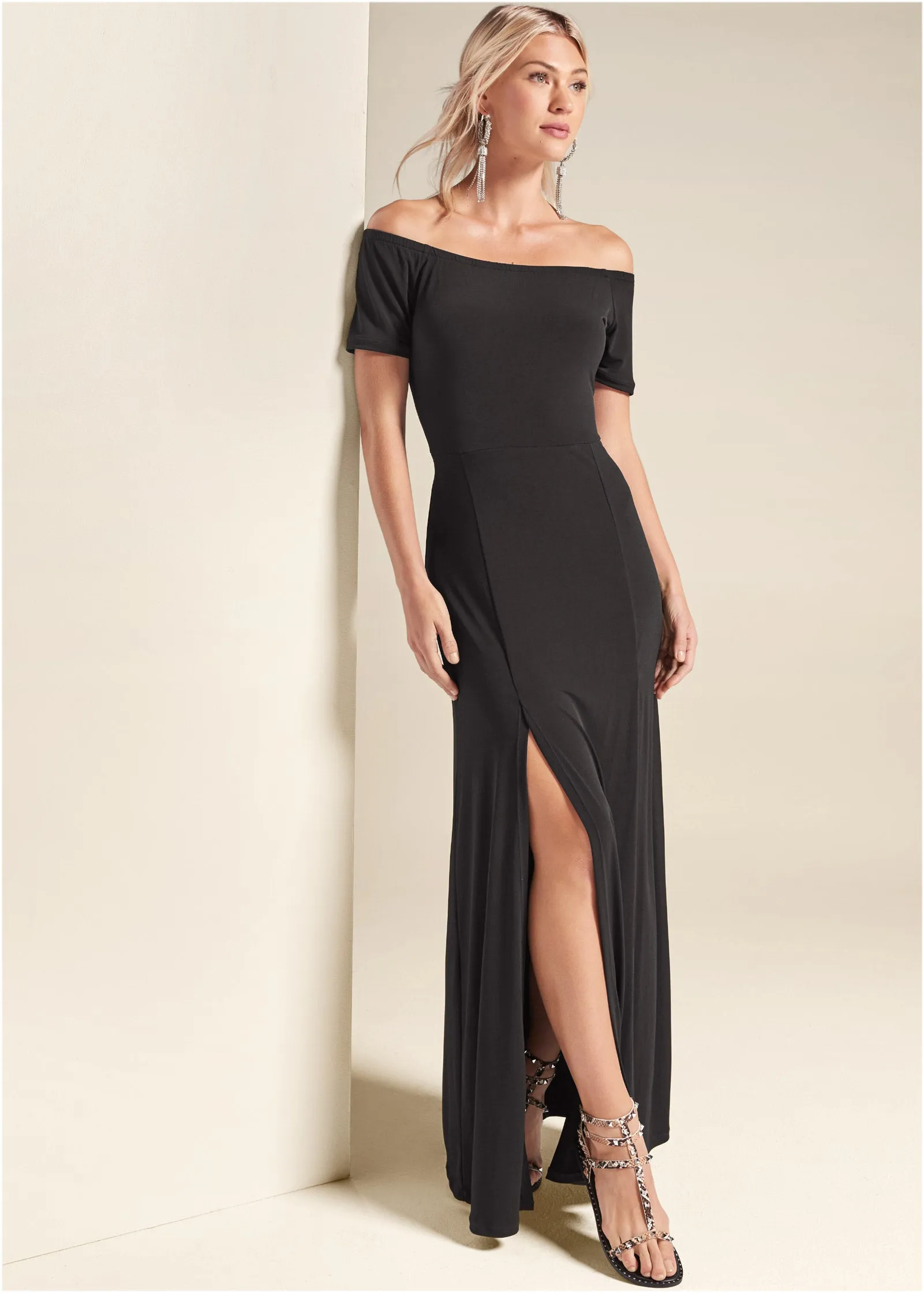 Slit Detail Maxi Dress - Black sold by VENUS