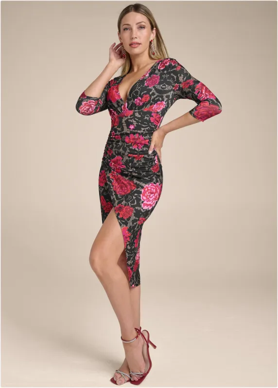 Ruched Bodycon Midi Dress - Red Multi sold by VENUS