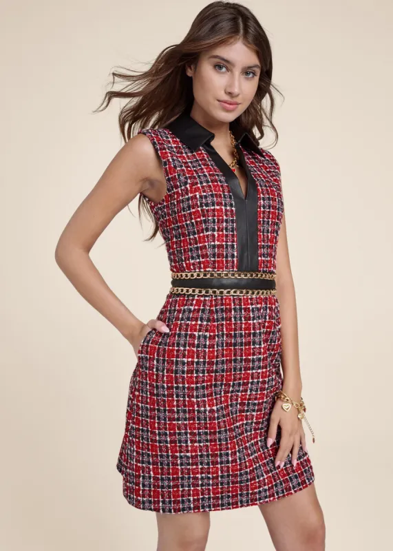 Collared Tweed Dress - Red & Black sold by VENUS