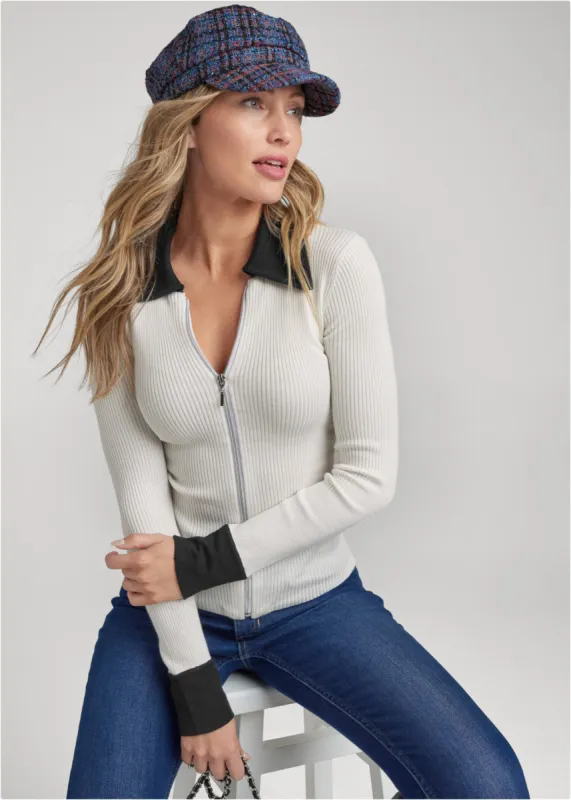 Zipper Front Cardigan  - White Multi sold by VENUS