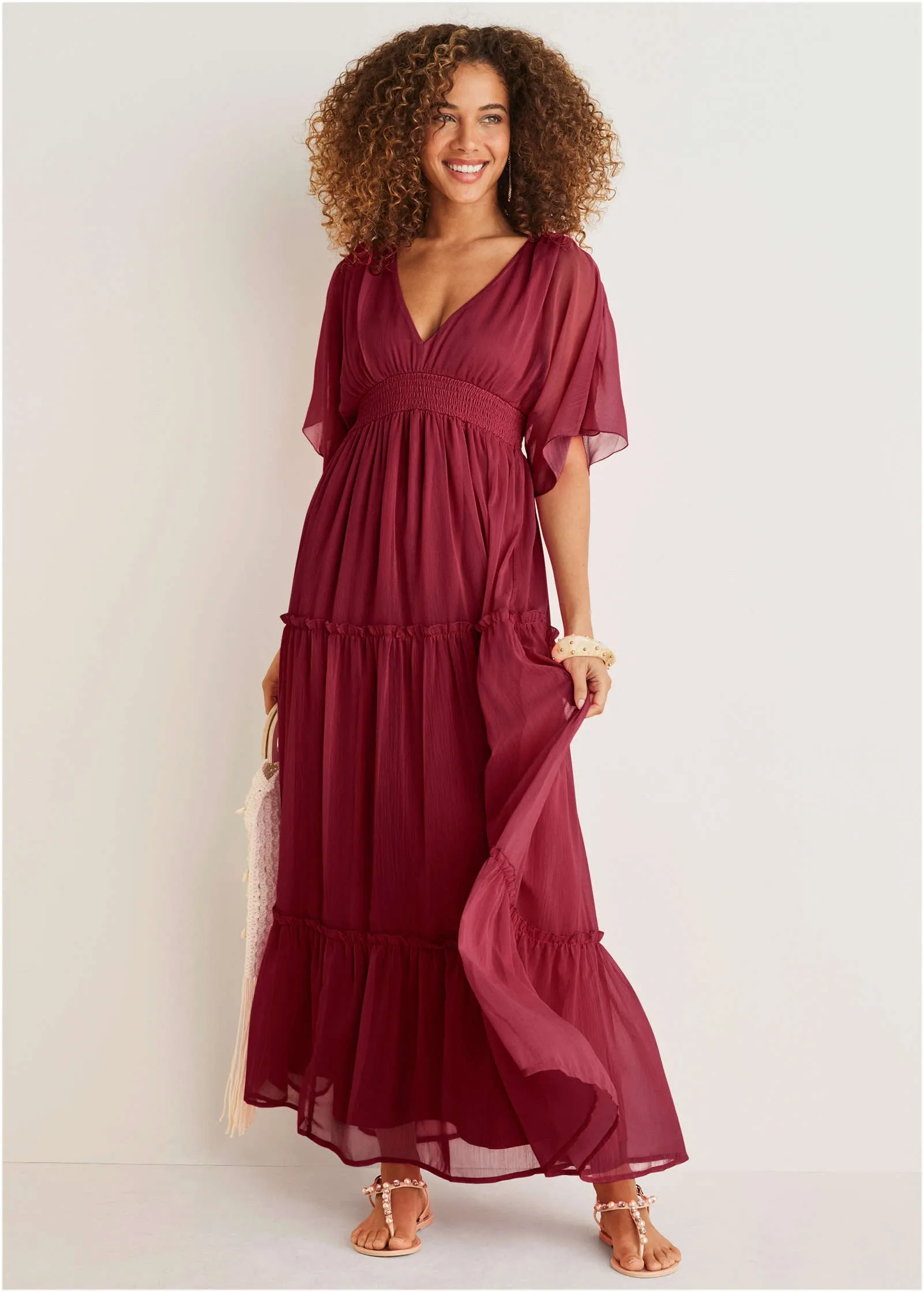 Flutter Sleeve Maxi Dress - Wine sold by VENUS