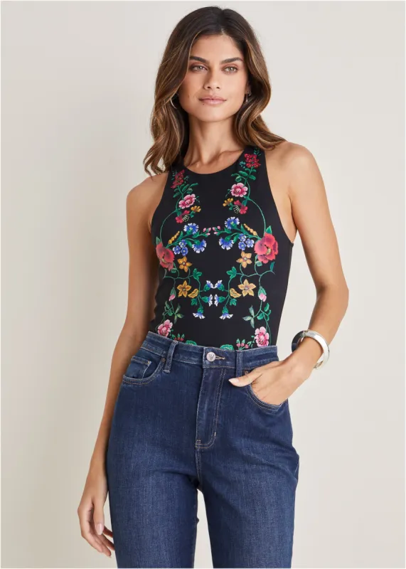 Floral Print Bodysuit - Black sold by VENUS