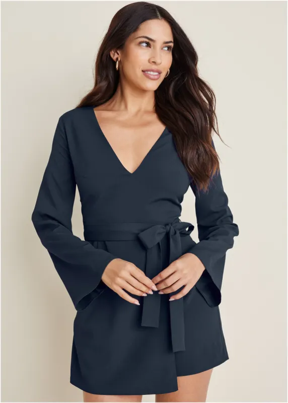 Long-Sleeve Skort Romper - Navy sold by VENUS