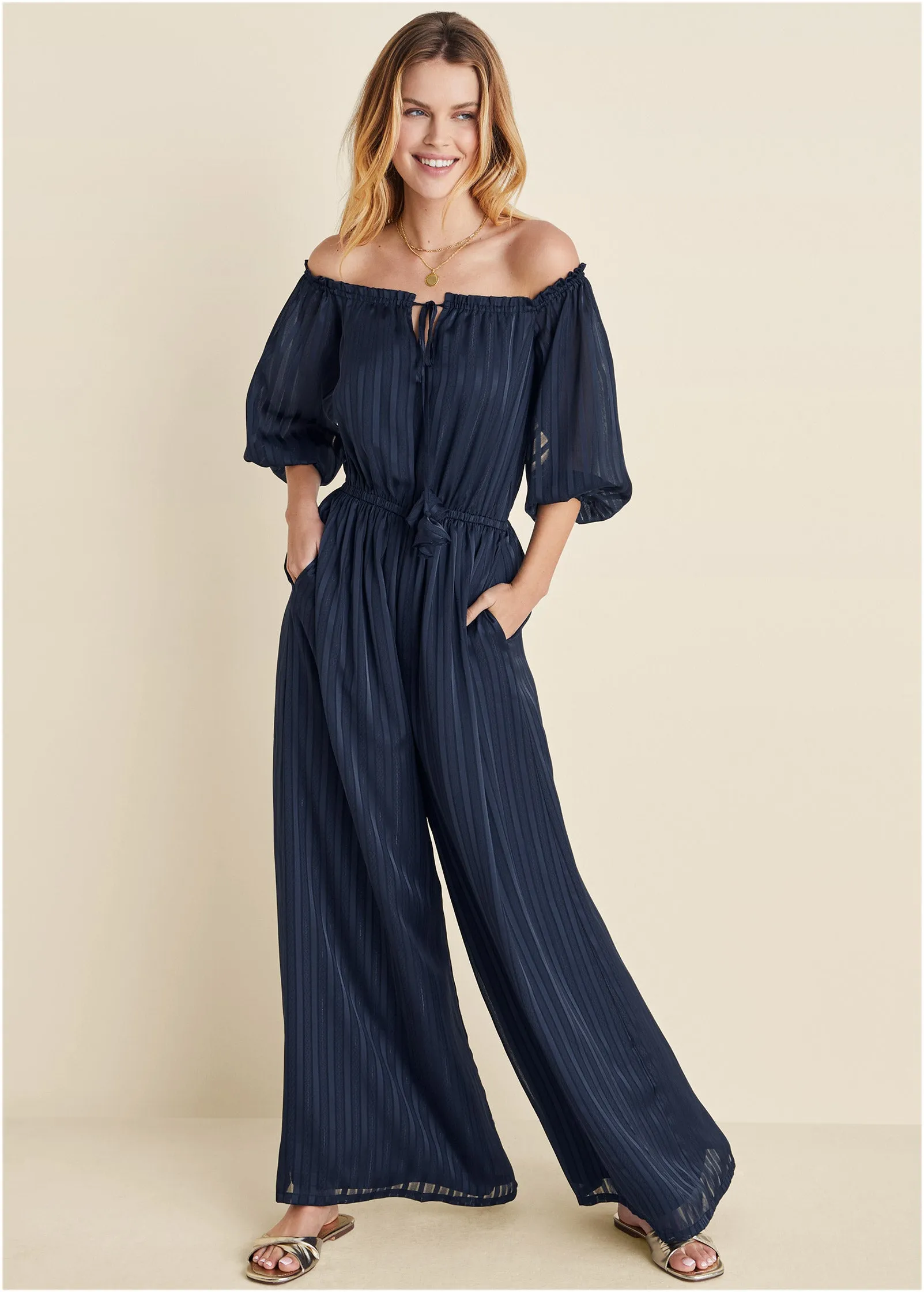 Off-The-Shoulder Jumpsuit - Navy sold by VENUS